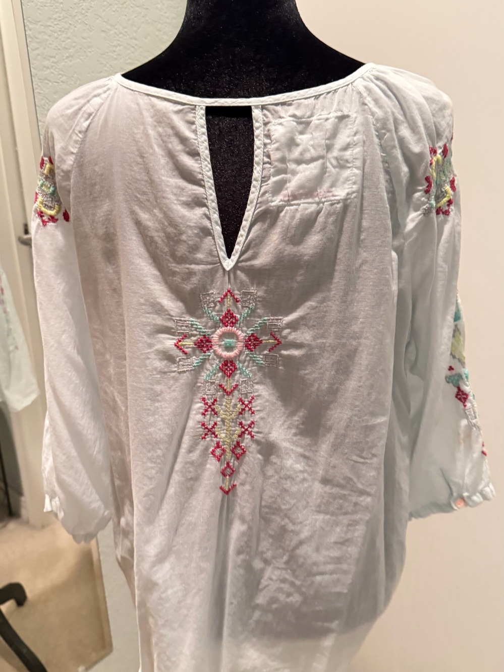 Johnny Was Pale Blue Embroidered Peasant Blouse with Pink & Green Accents - Picture 10 of 13